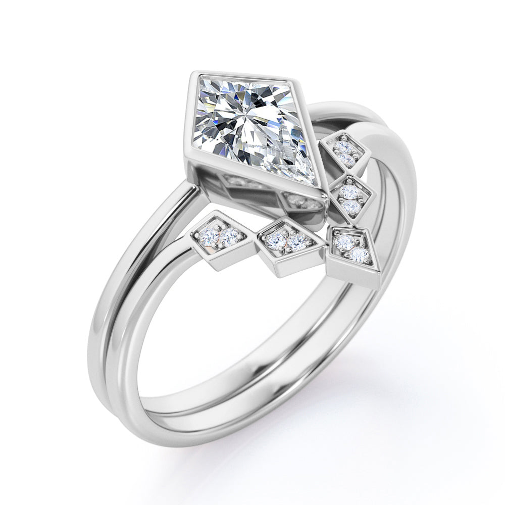 Kite Chevron 1.15 carat Moissanite and diamonds bezel wedding ring set for her in White gold