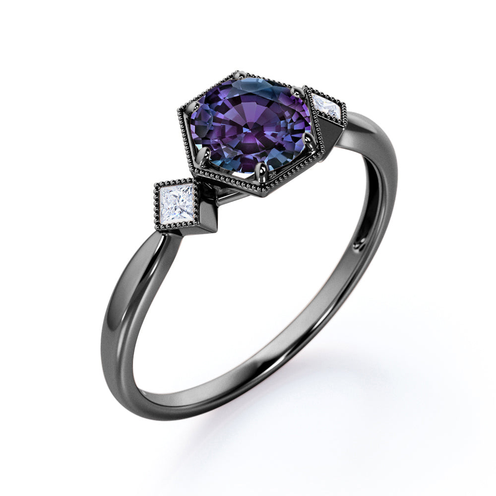 Past, Present and Future 0.6 carat Round cut Alexandrite milgrain setting-tapered shank engagement ring in Rose gold