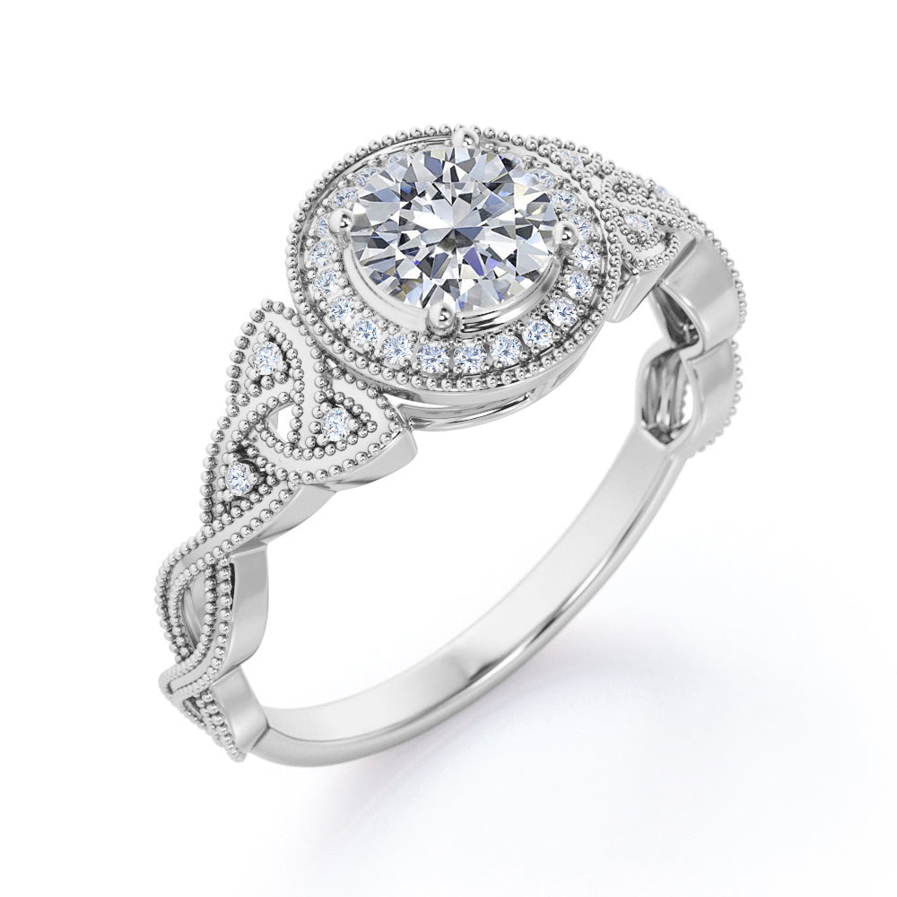 Twisted infinity 1.5 carat Round cut Moissanite and diamond vintage halo engagement ring in Black gold