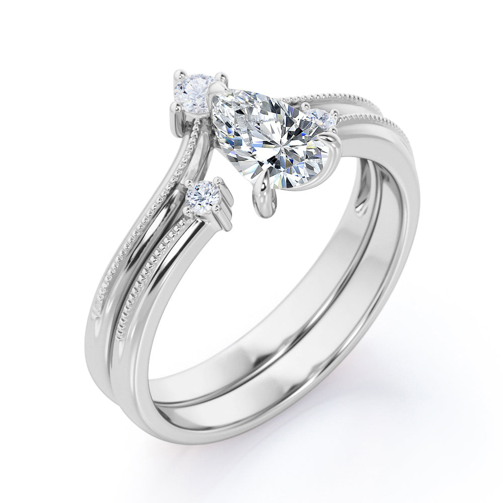Unique 4 stone 1.1 carat pear cut moissanite and diamond-open ring- milgrain wedding ring set for her