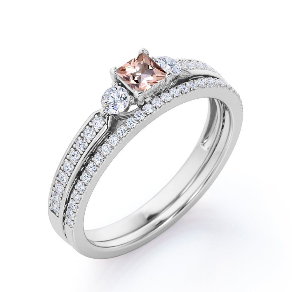 Antique trio 1 carat Princess cut Pink Morganite and pave diamonds eternity wedding ring set for her in Rose gold