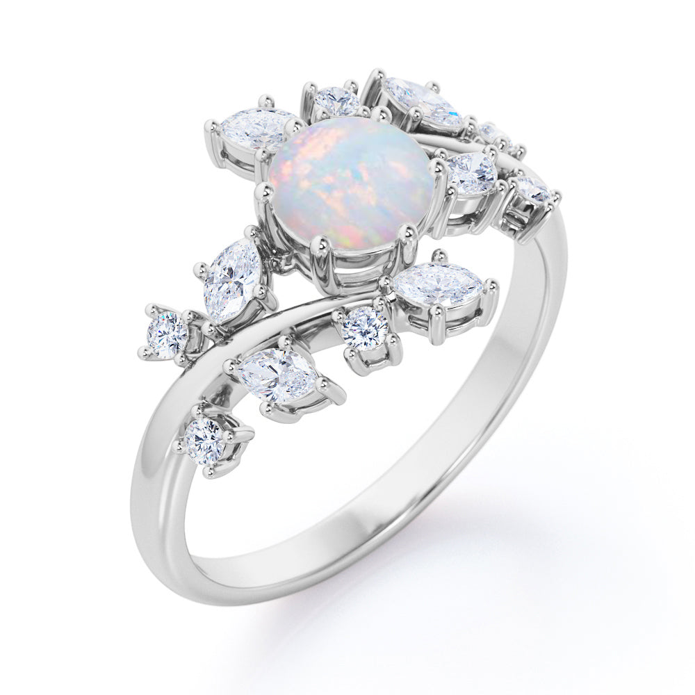 Nature style 1.25 carat Round cut Ethiopian Opal and diamond earthy engagement ring in Black gold