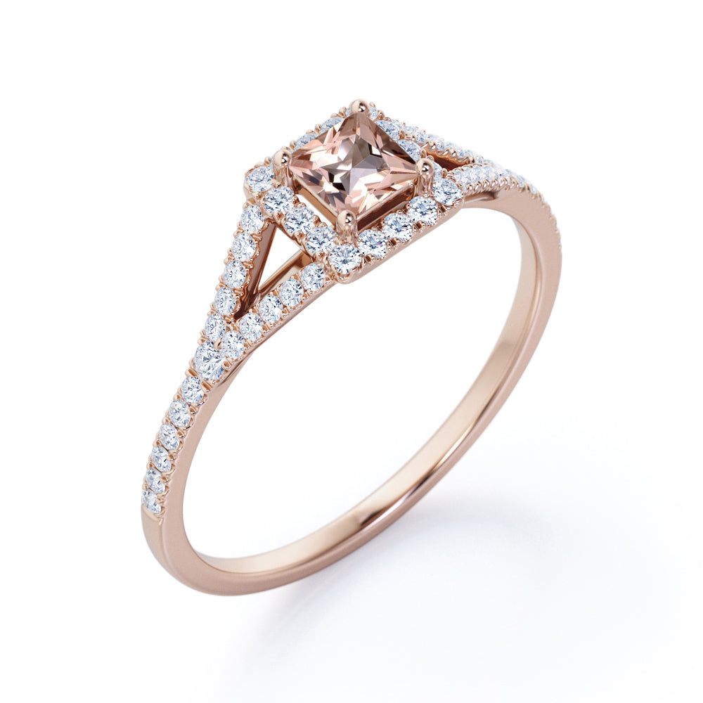 Pave shank 1 carat Princess cut Morganite and diamond eternity halo engagement ring in White gold