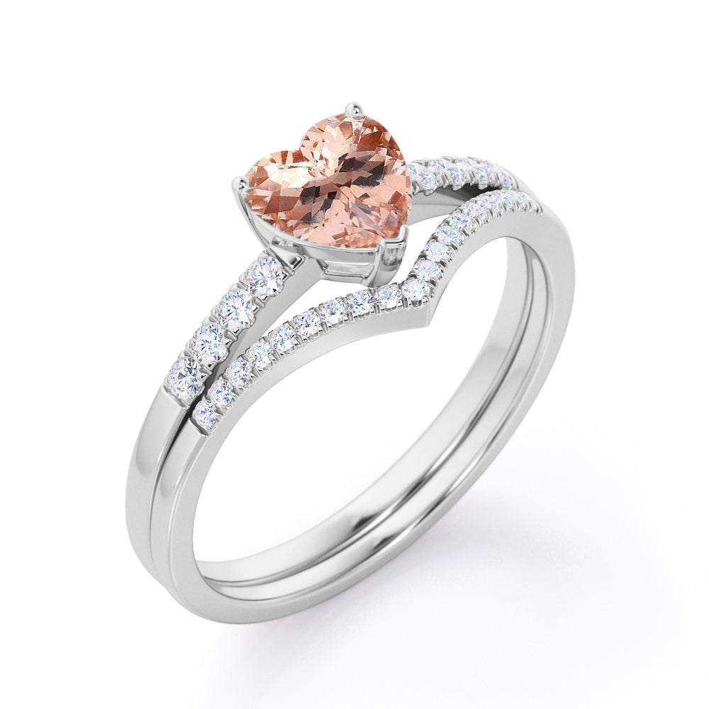 Exquisite Chevron 1.45 carat Heart shaped Morganite and diamond vintage wedding ring set in Black gold
