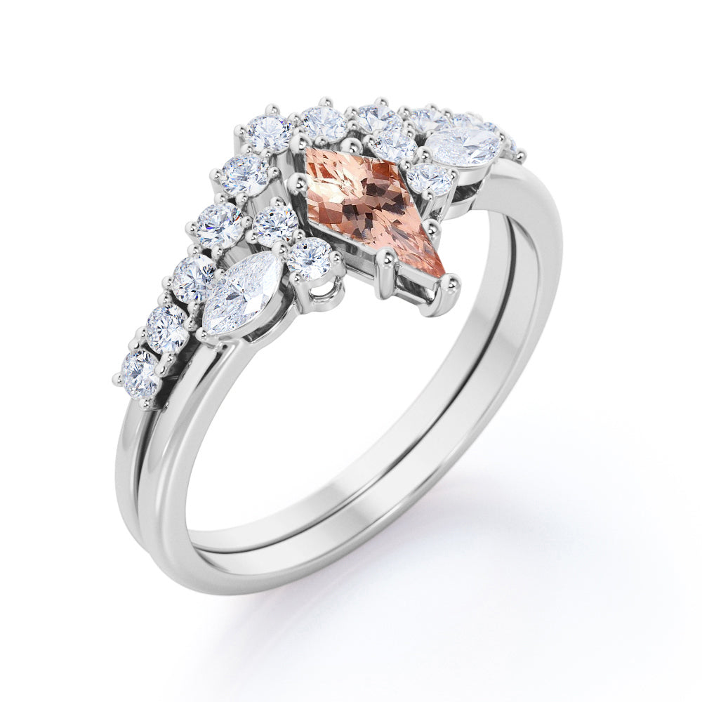 Garland Chevron 1.45 carat Kite shaped Peach Morganite and diamond 6 prong Bridal wedding ring set for women in Yellow gold
