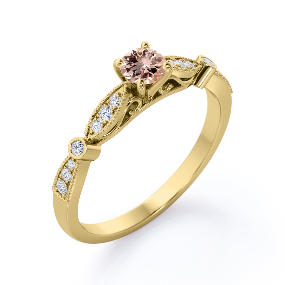 Timeless 0.75 carat Round cut Peach pink Morganite and diamond pinched shank engagement ring in White gold