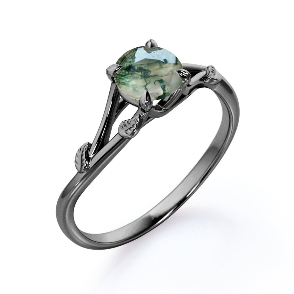 Branchlet Shank 1 carat Round cut Moss Green Agate vine and leaf engagement ring in White gold