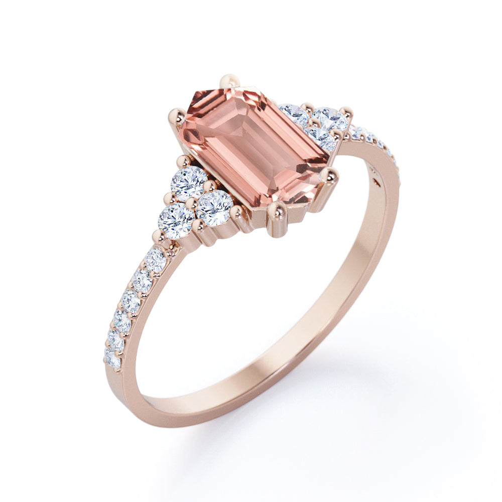 Elongated 1.5 carat Hexagon shaped Morganite and diamond pave eternity engagement ring in Black gold