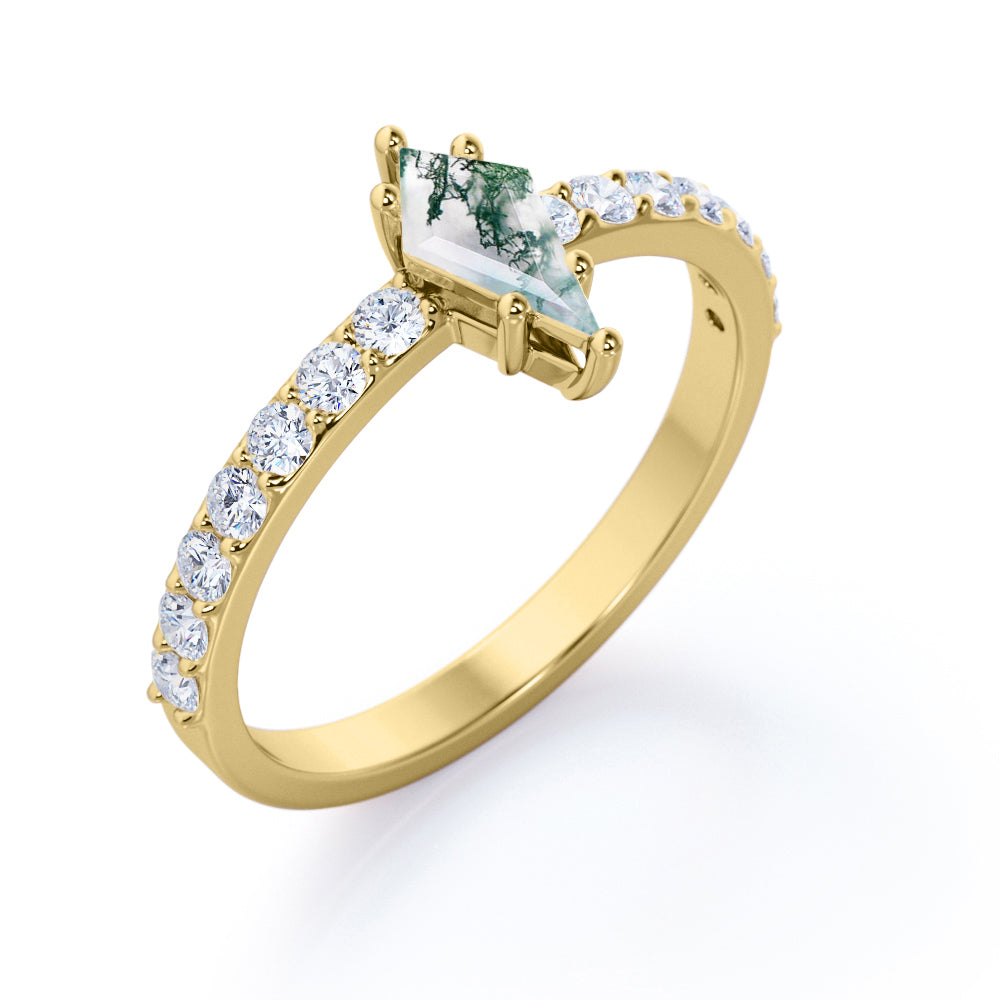Classic Pave 1.15 carat Kite shaped Moss Agate and diamond 6 prong engagement ring in White gold