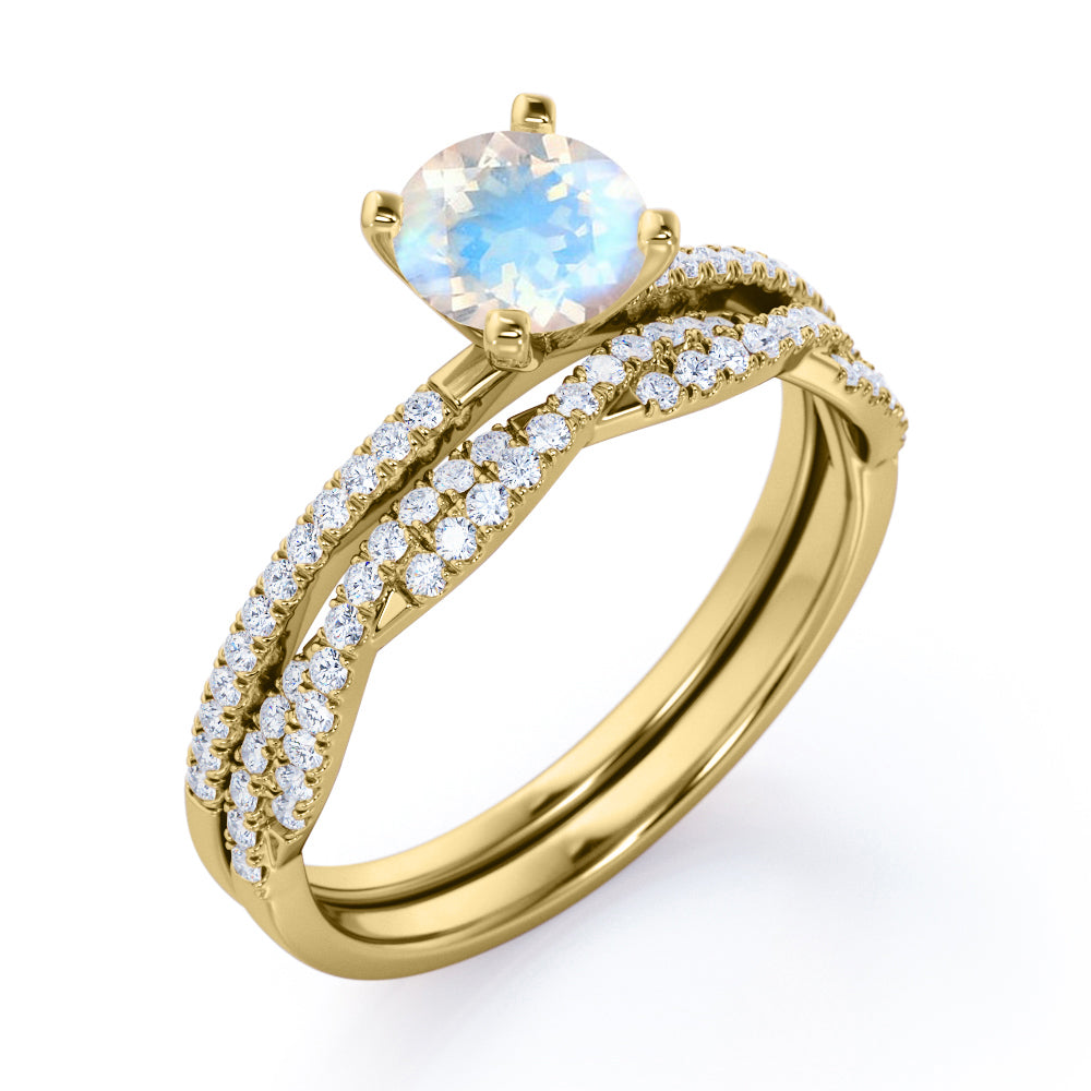 Classic 1.5 carat round cut Moonstone Wedding ring set with matching semi-infinity diamond wedding ring band in White gold