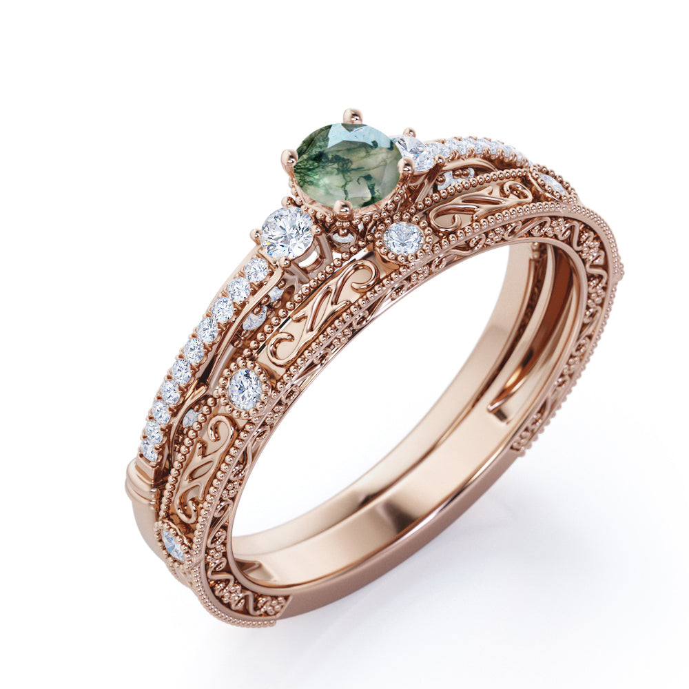 Trinity 0.8 carat Round cut Moss Green Agate artistic art deco filigree wedding ring set in White gold