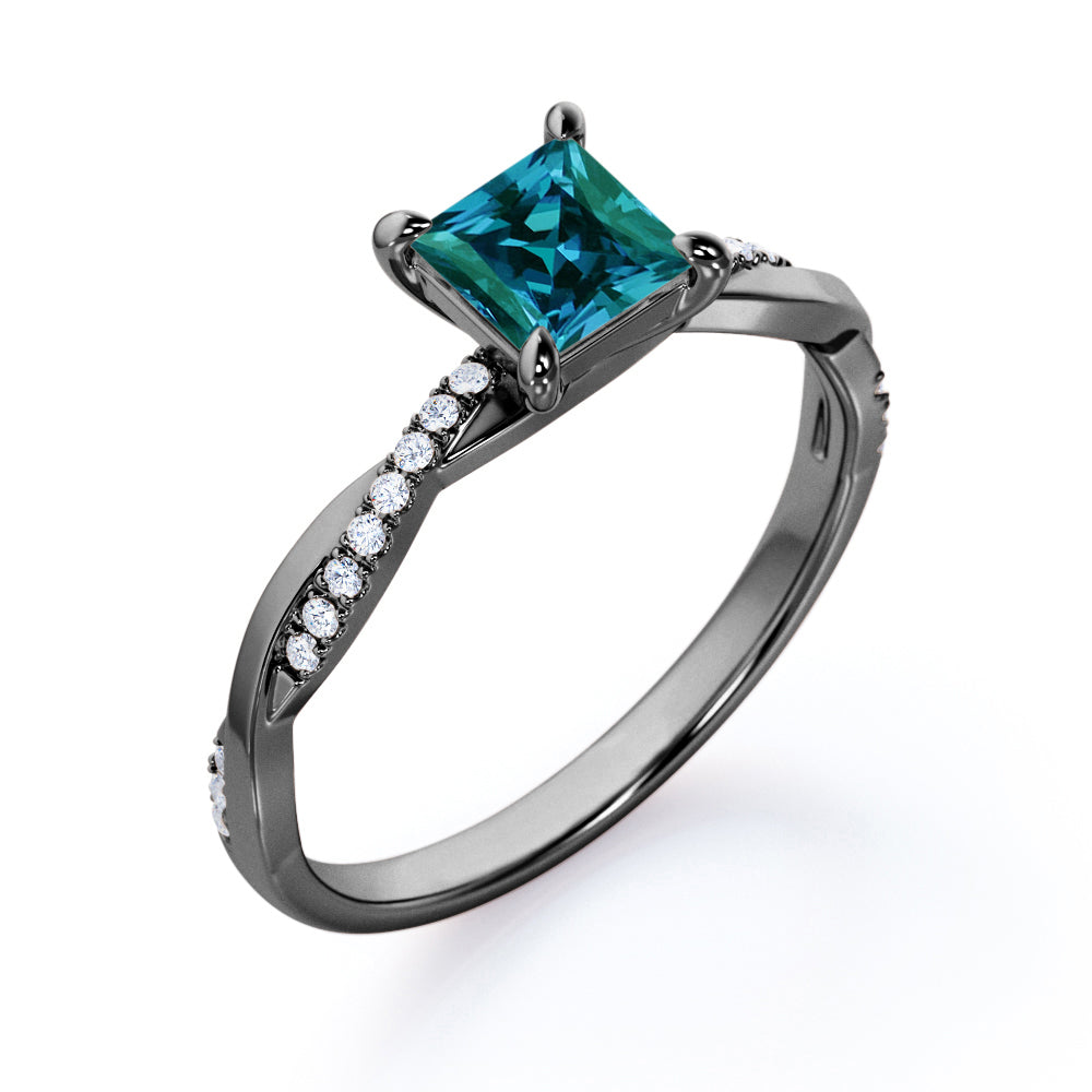 Infinity twist 1.2 carat Princess cut Synthetic Alexandrite and diamond contemporary engagement ring in Rose gold