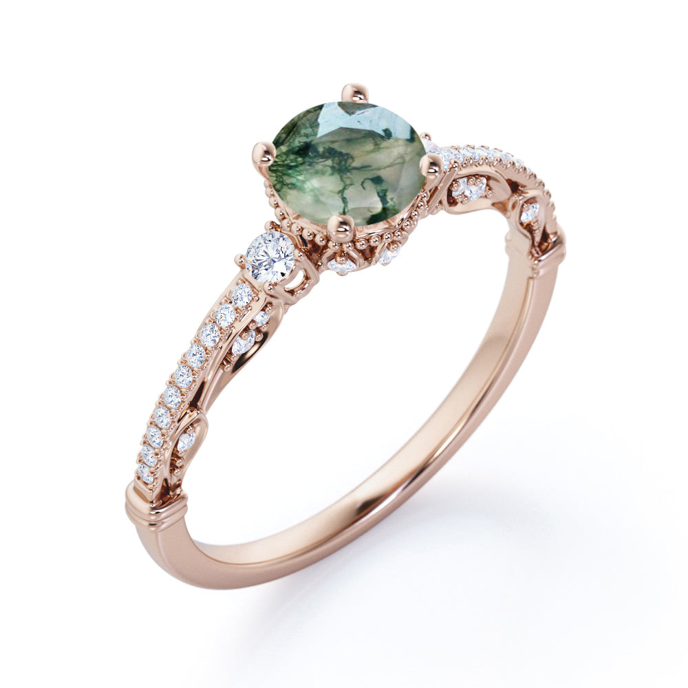 Vintage Bead décor 1.4 carat Round cut Moss Agate and diamond-pave filigree-three stone engagement ring in Black gold