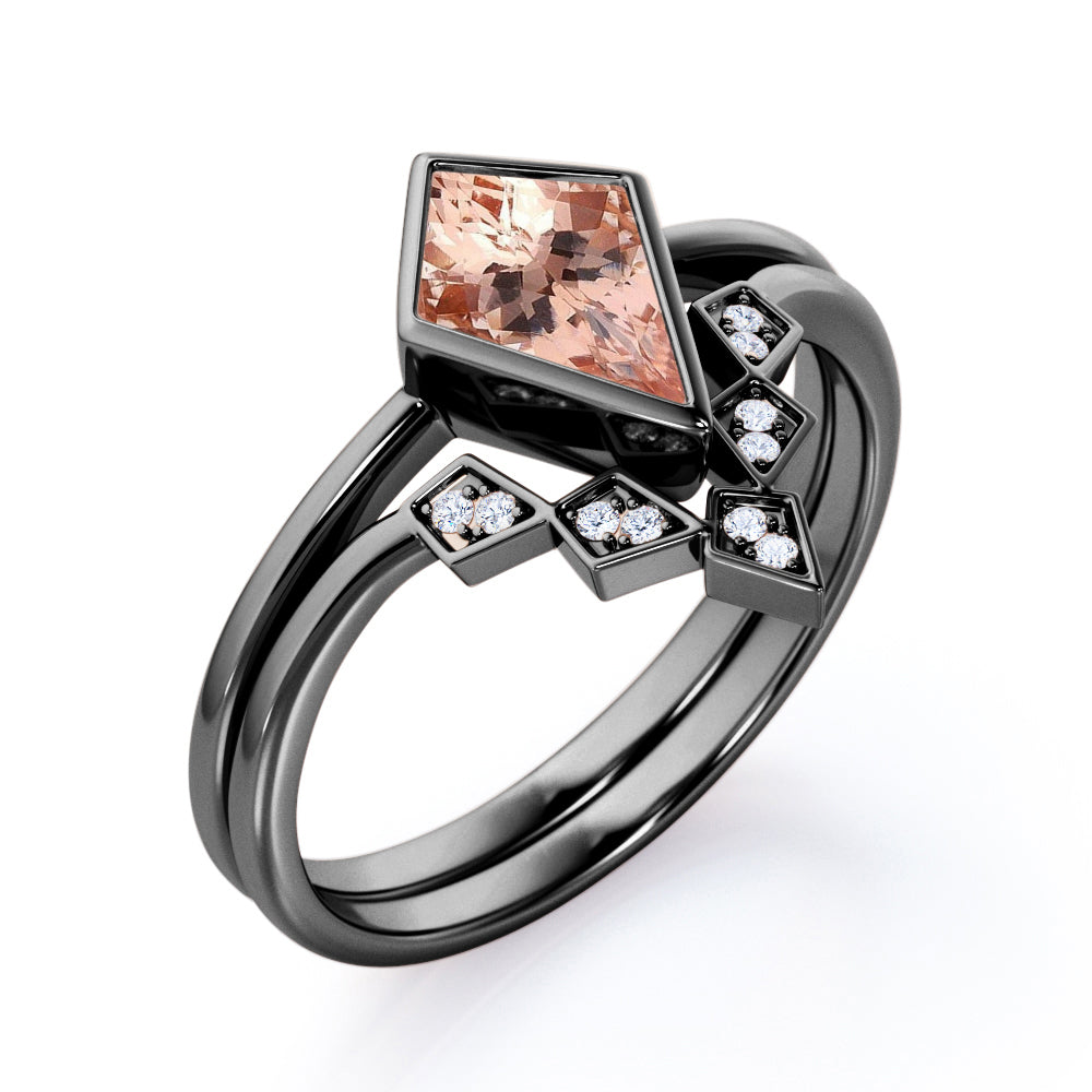 Antique Bezel Tiara 1.15 carat Kite Shaped Morganite and diamond wedding ring set for women in White gold