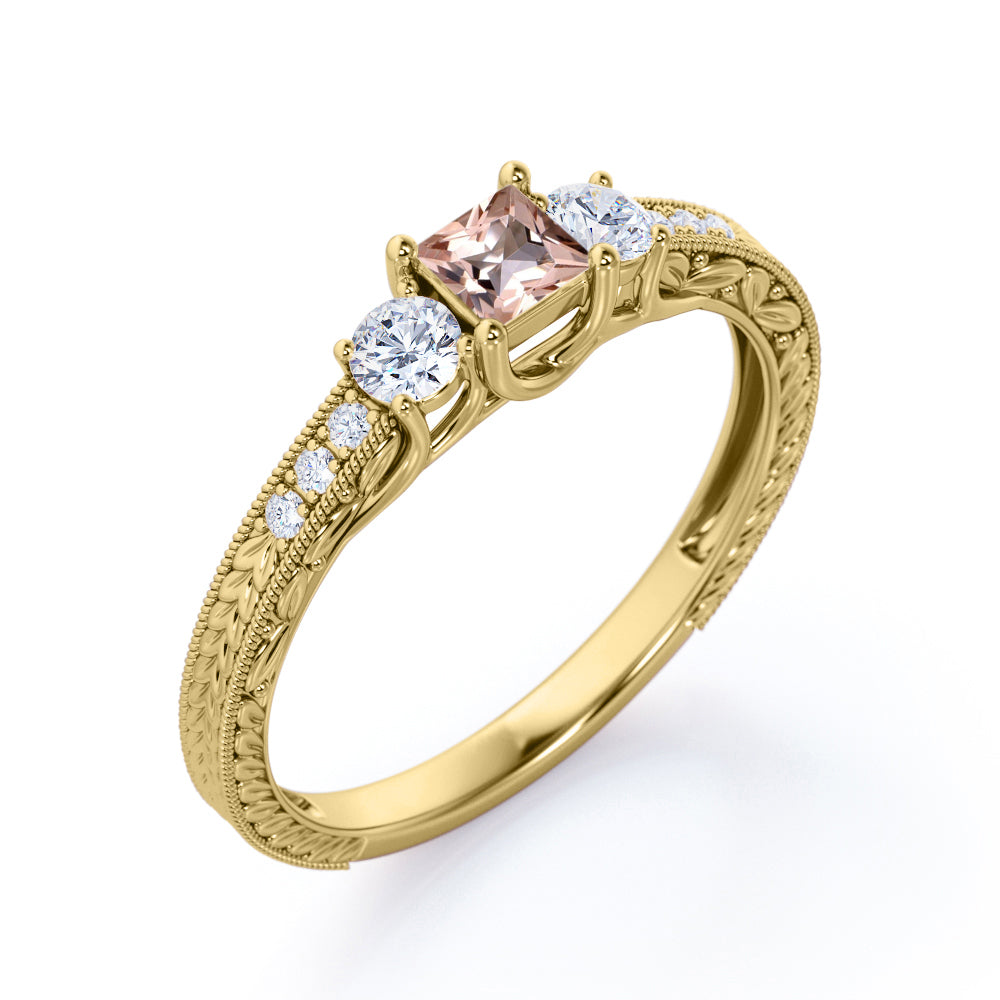 Modern 1.1 carat Princess cut Peach pink Morganite and diamond-3 stone engagement ring-leaf filigree ring for her