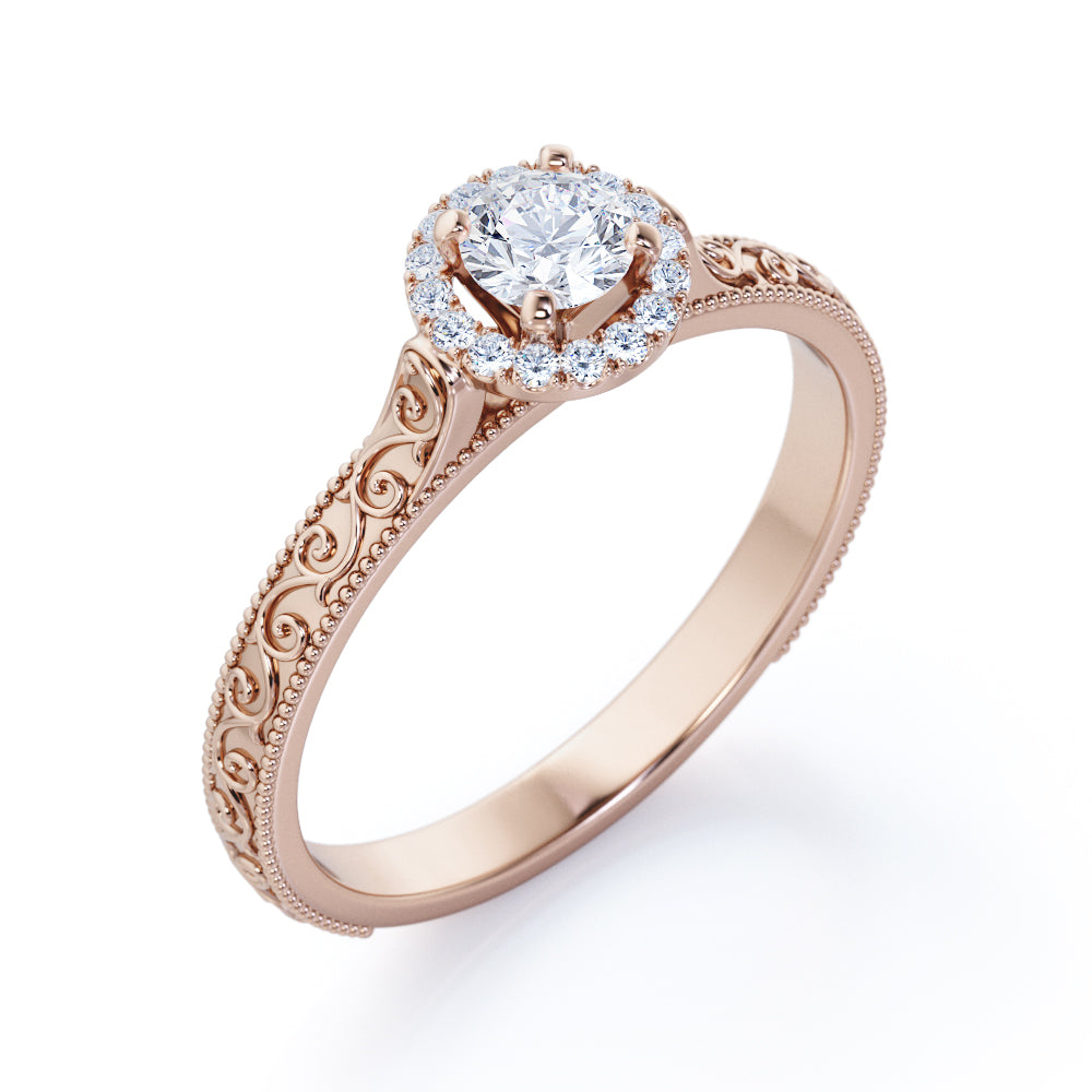 Victorian Filigree inspired 0.4 carat Round cut diamond simple halo engagement ring in gold