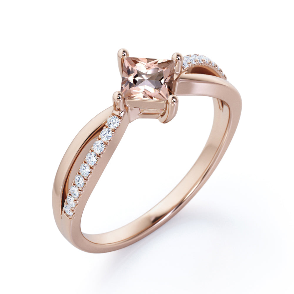 Exquisite 1.25 carat Princess cut Morganite and diamond - compass prong setting - Split Shank engagement ring for women