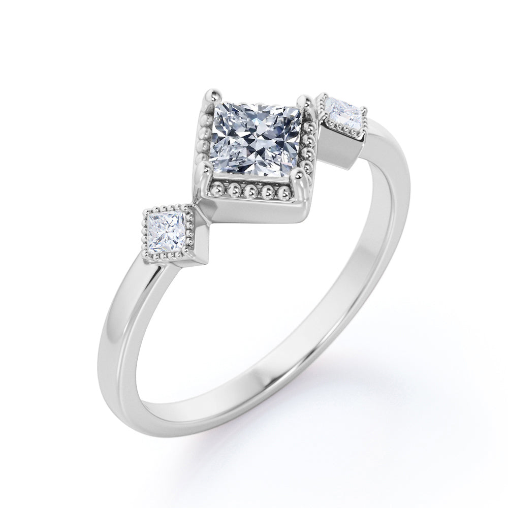 Three stone Bezel set 1.1 carat Princess cut Moissanite and diamond Milgrain wedding ring set for her in White gold