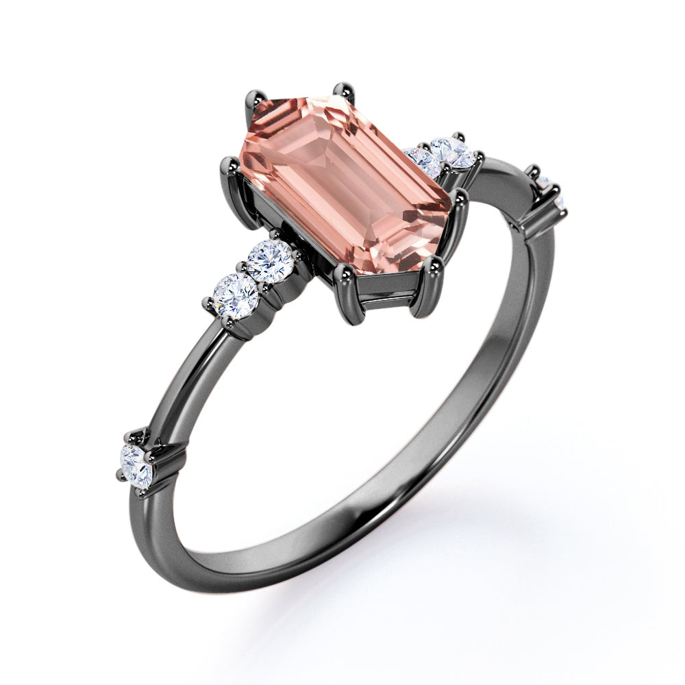 Twig style 1.1 carat Hexagon cut Morganite and diamond 6 prong setting engagement ring in White gold