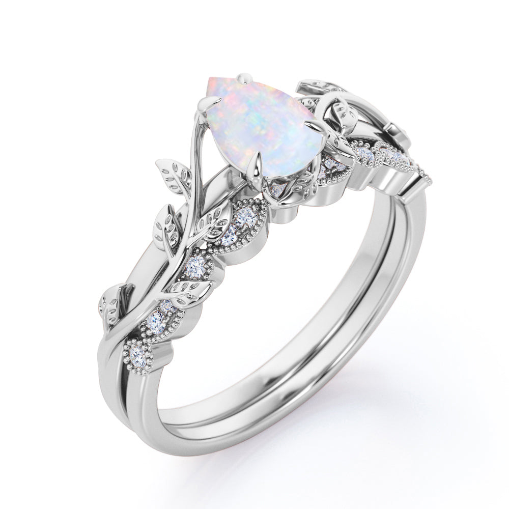 Art deco 1.15 carat Nature-inspired Pear cut Solid welo Opal with half-pave milgrain diamond Wedding ring set for women