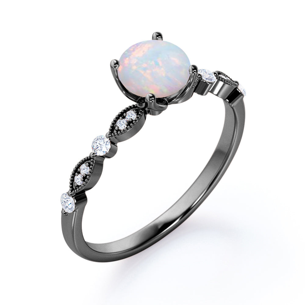 Classic Cathedral set 1.1 carat Round cut Opal and diamond milgrain marquise and dot engagement ring in Rose gold