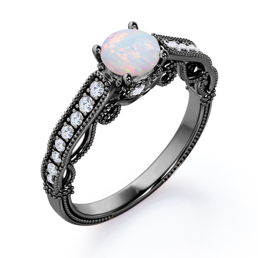 Art deco style 1.15 carat Round cut Australian Opal and diamond beaded engagement ring in Rose gold