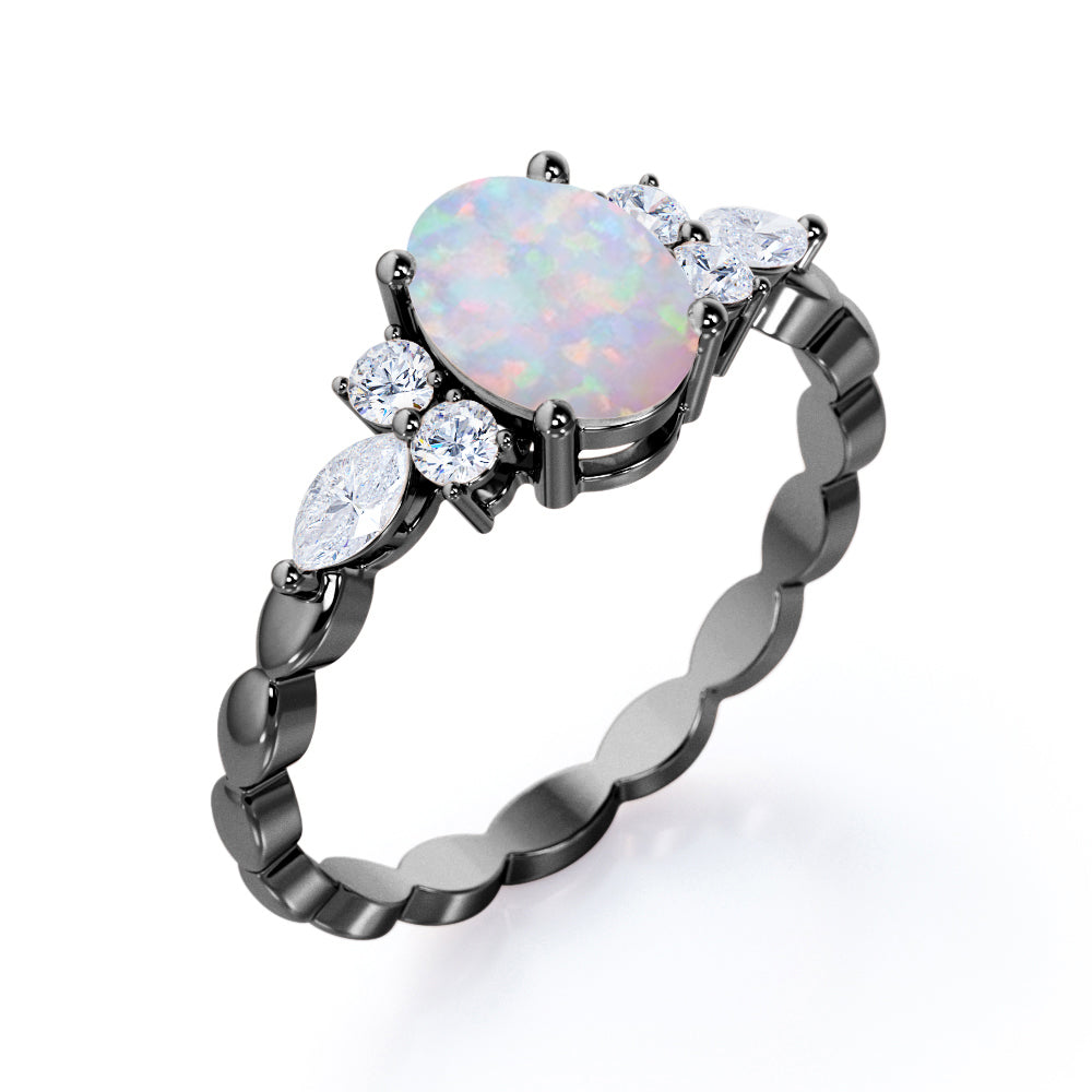 Scalloped 1.35 carat Oval cut Australian Opal and diamond 4 prong engagement ring for her in White gold