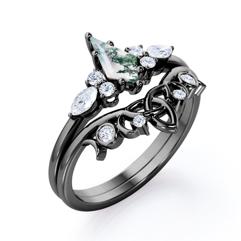 Contoured triad and chevron 1.25 carat Kite shape Moss Green Agate and diamond-7 stones-art deco inspired wedding ring set in Rose gold