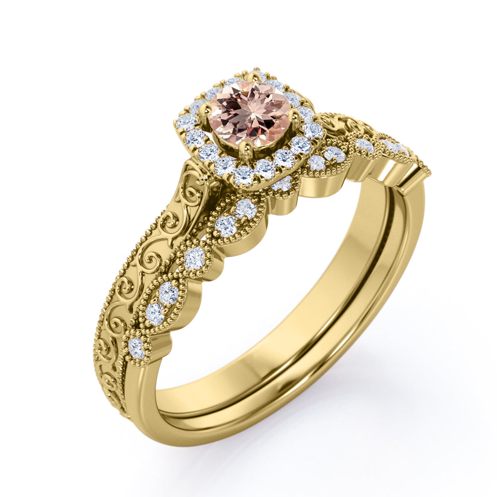 Victorian Filigree 0.9 carat Round cut Morganite and diamond halo Milgrain halo engagement ring set in Rose gold-Bridal set