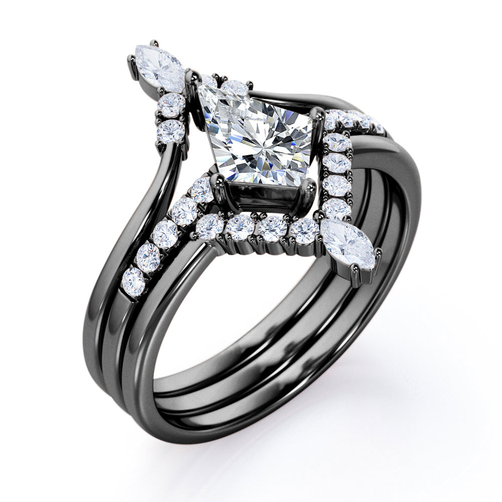Royal Chevron 1.3 carat Kite shaped Moissanite and diamond trio wedding ring set for women in Black gold
