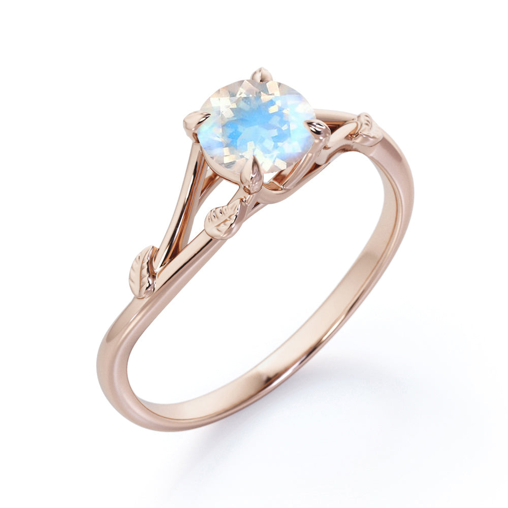 Vine Split Shank 1 carat Round cut Rainbow Moonstone nature inspired engagement ring in Black gold