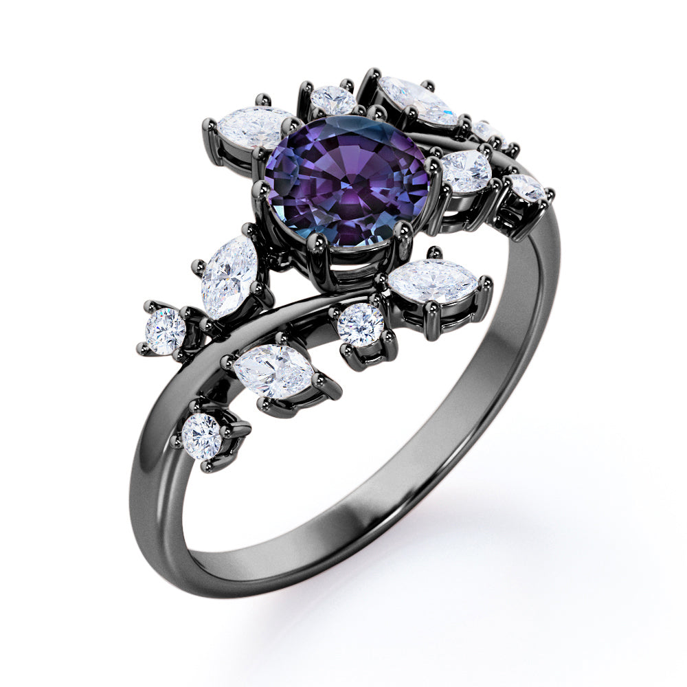 Art Nouveau 1.25 carat Round cut Alexandrite and diamond floral inspired engagement ring in White gold