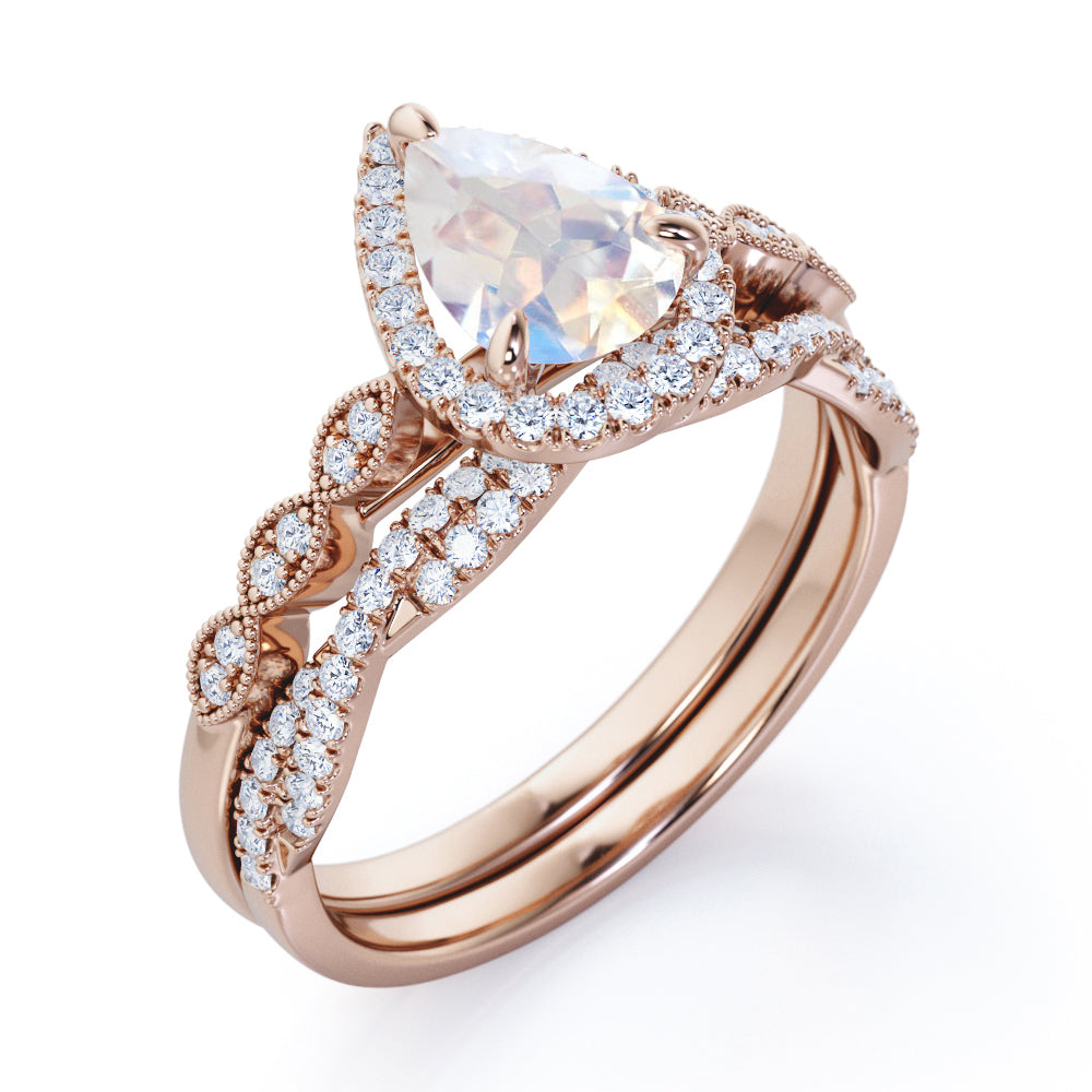 Art deco Antique 1.75 carat Pear shaped Milgrain Moonstone and diamond Wedding ring set- Anniversary ring in White gold