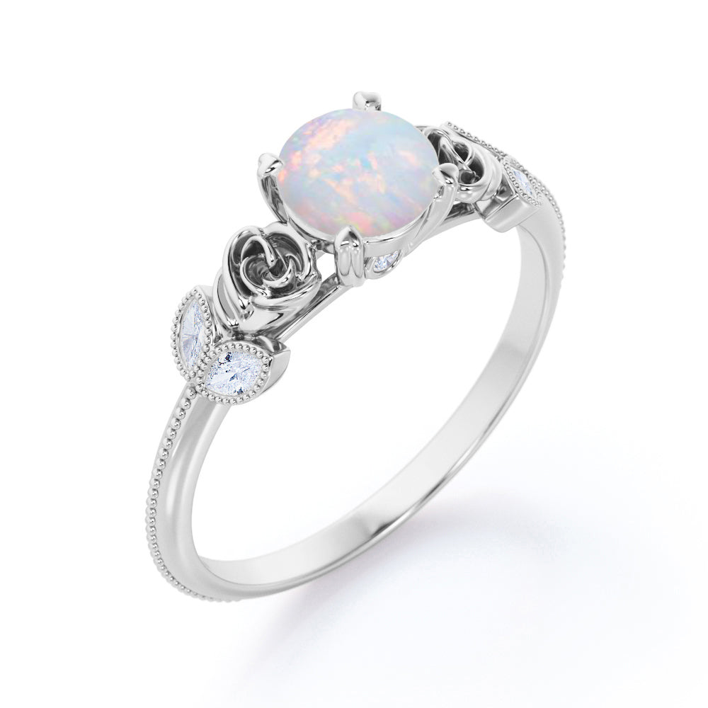 Flower inspired 1 carat Round cut Opal and marquise diamond Milgrain Edge Engagement ring in Black gold