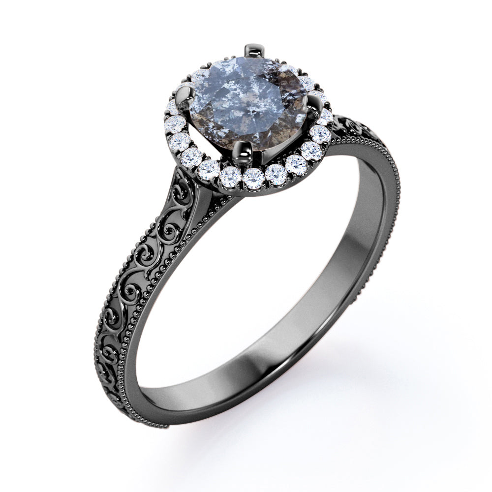 Floral filigree 0.65 carat Round cut Salt and pepper diamond and White diamond unique halo engagement ring in white gold
