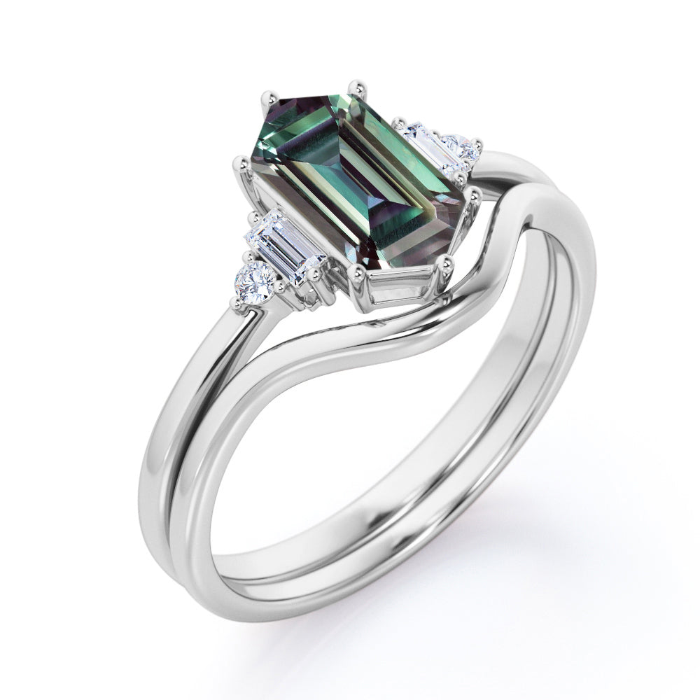 Artistic Prong 1.1 carat Hexagon shaped Alexandrite and diamond plain contoured bridal set in Rose gold
