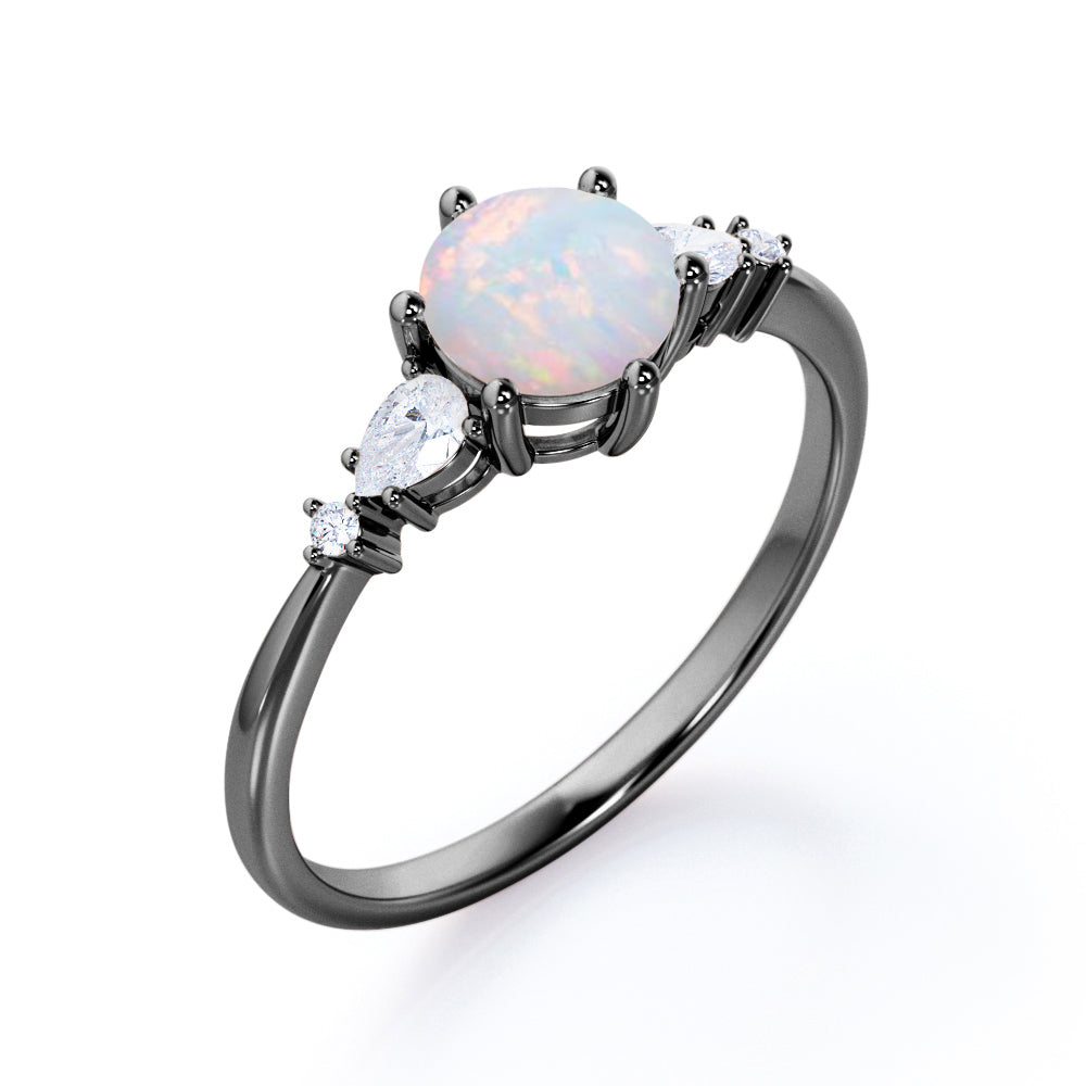 Vintage prong style 1.25 carat Round cut Fiery Opal and diamond pinched shank engagement ring in White gold-Promise ring