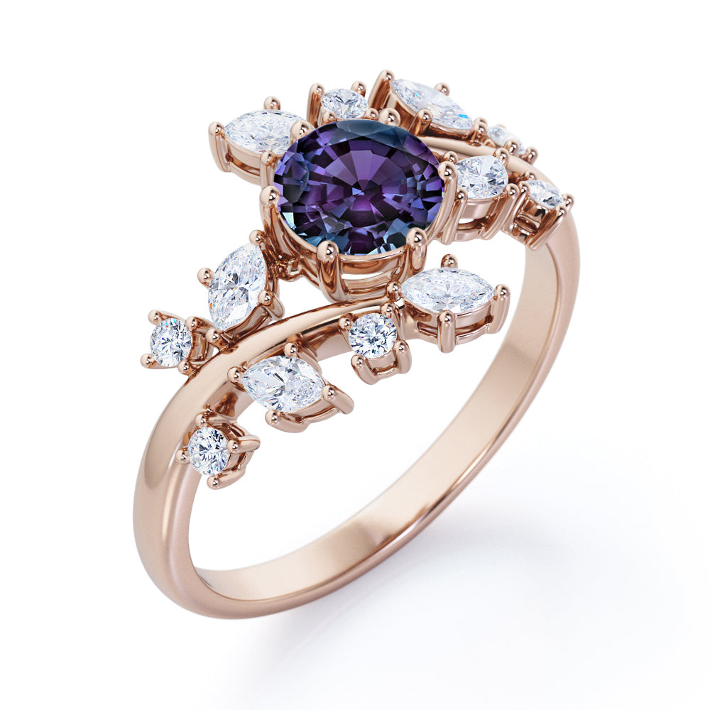 Art Nouveau 1.25 carat Round cut Alexandrite and diamond floral inspired engagement ring in White gold