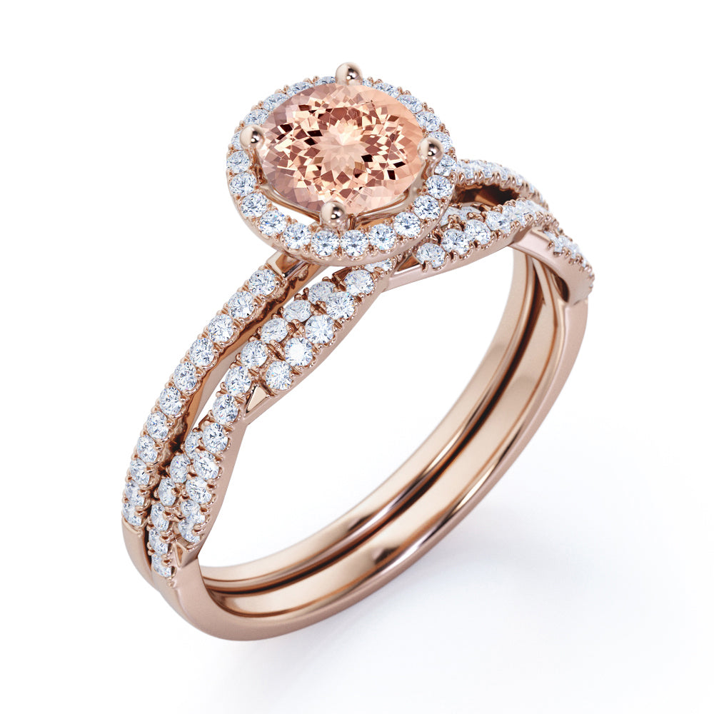 Art Deco Halo 1.65 carat Round cut Morganite and diamonds half pave infinity wedding ring set in White gold