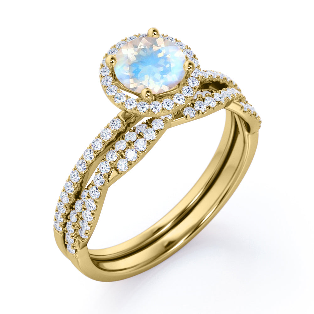 Unique Halo 1.7 carat Round cut Moonstone and diamond Vintage art deco Bridal set for her