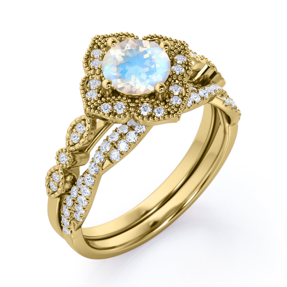 Vintage Flower inspired 1.75 carat Milgrain border Moonstone and half-infinity wedding ring set for her
