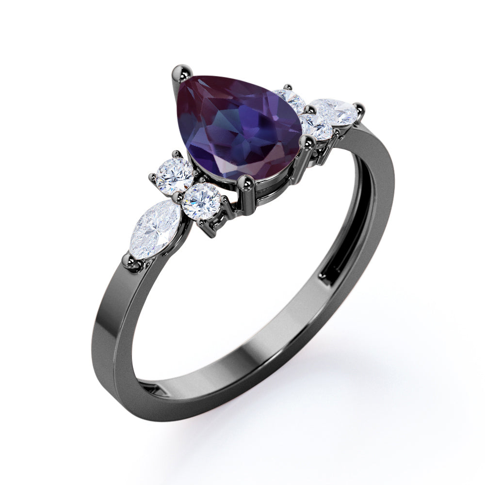 Modern Seven stones 1.15 carat Pear cut Lab created Alexandrite and diamond marquise and dot engagement ring in White gold