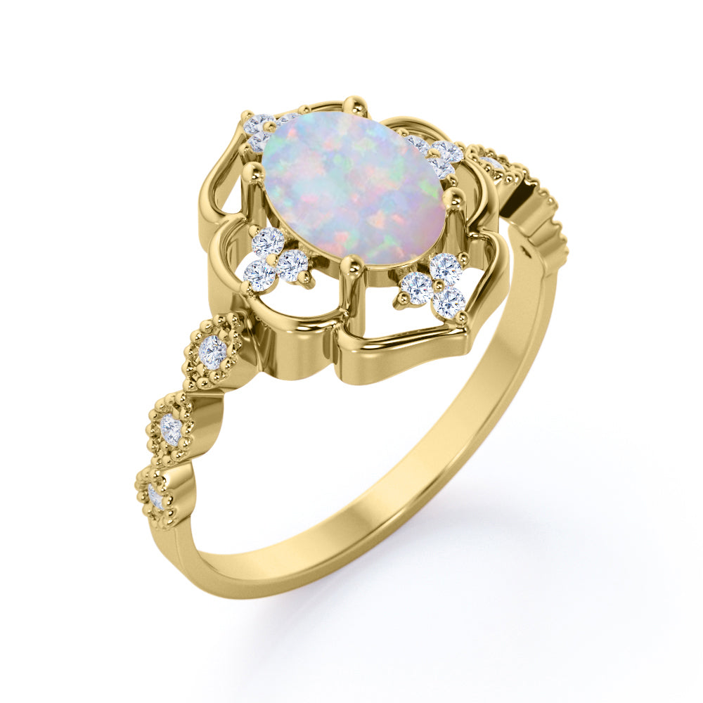 Intricate halo 1.15 carat Oval cut Ethiopian Opal and diamond Milgrain engagement ring in White gold