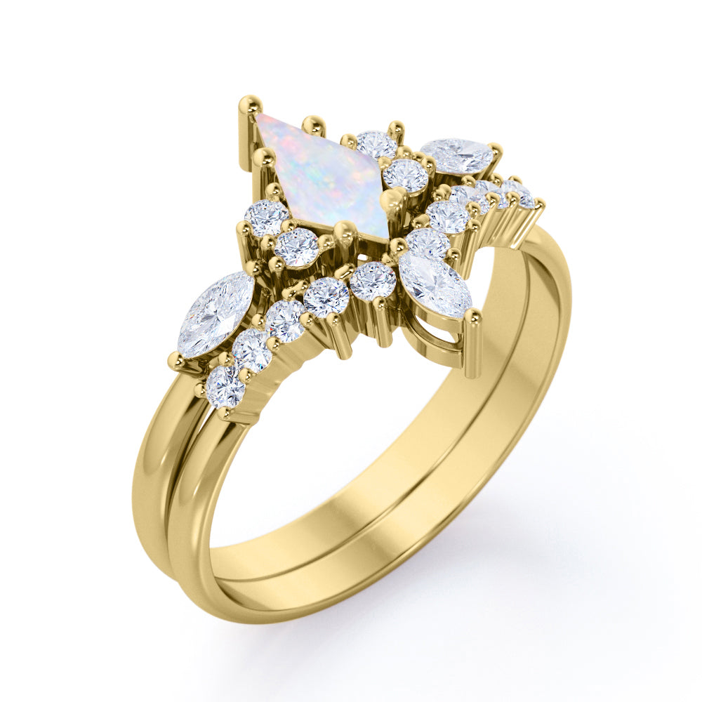 Eccentric 1.25 carat Kite shape Australian Opal and diamond art deco engagement ring and vintage contour wedding band in White gold-Bridal set