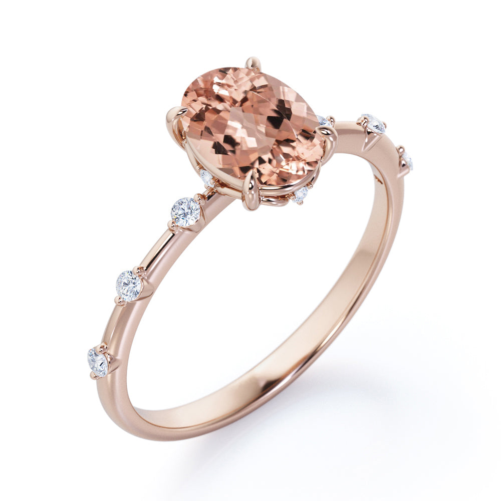 Dainty Vine 1.1 carat Oval cut Morganite and diamond nature inspired engagement ring in Black gold