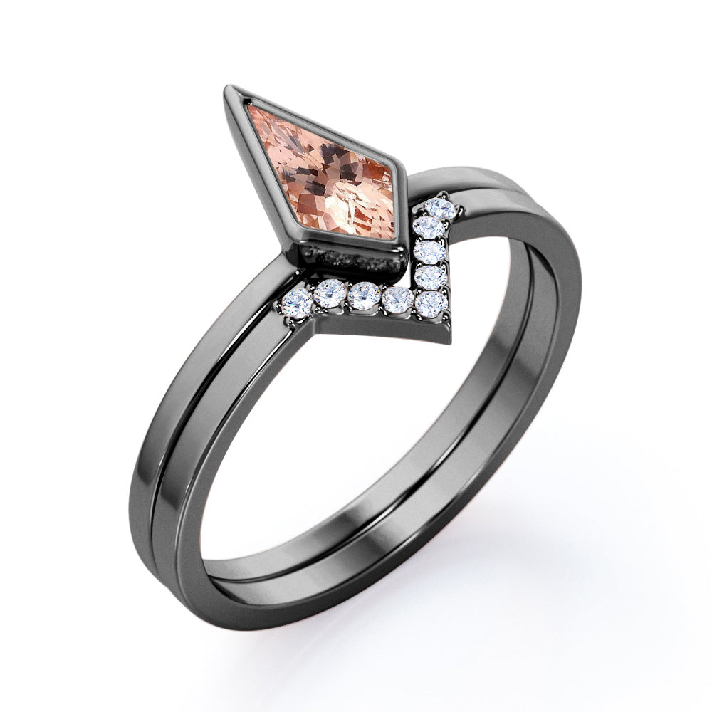 Bezel and tiara chevron 1.15 carat Kite shaped Morganite and diamond vintage Bridal set for women in White gold