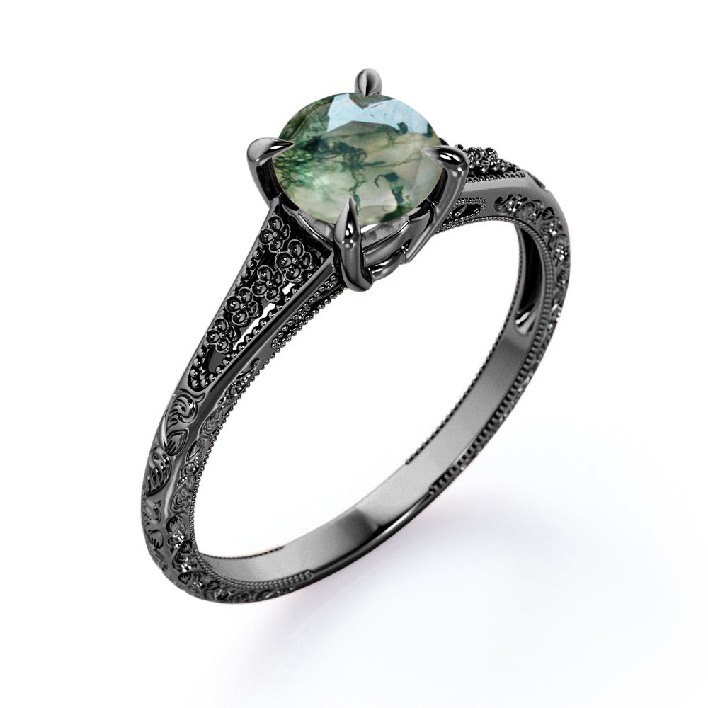 Milgrain Split Shank 1 carat Round cut Moss Green Agate-floral filigree-nature inspired engagement ring in Rose gold