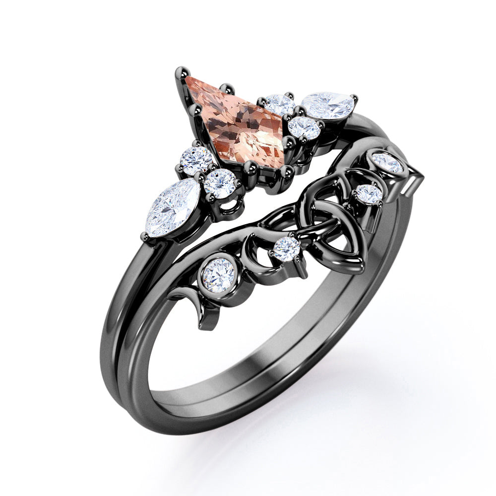Triad Crown style 1.25 carat Kite shaped Morganite and diamond 6 prong setting wedding ring set in White gold