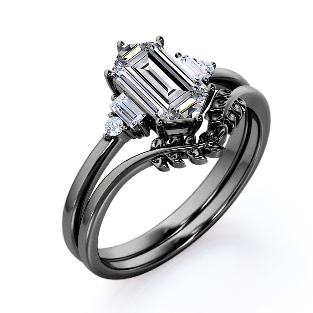 Vintage leaf design 1.1 carat Hexagon shaped Moissanite and diamond wedding ring set for women in Black gold