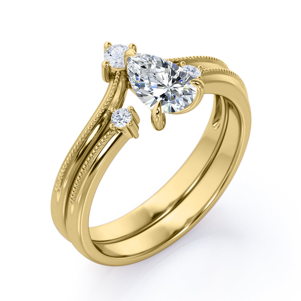 Unique 4 stone 1.1 carat pear cut moissanite and diamond-open ring- milgrain wedding ring set for her